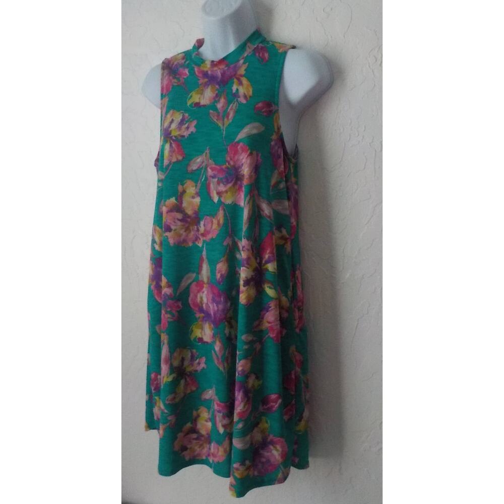 Envy Green Floral Dress Women Small A-Line Sleeveless Mock Neck Pullover Pockets